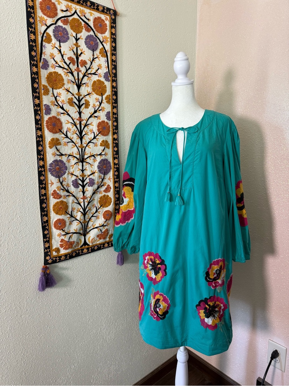 Anthropologie Teal Embroidered Floral Midi Dress